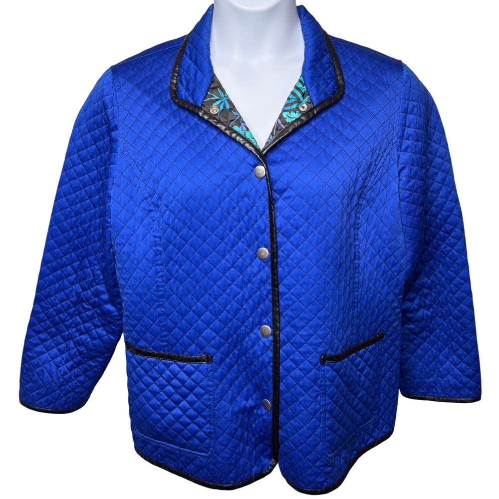 CHICO'S Womens Blue Quilted Snap Front Jacket Sz 3/XL Leather Trim Countryside